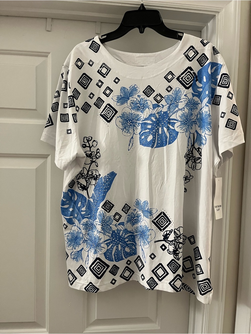 Southern Lady White Tee with Blue Floral and Black Geometric Print